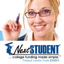 Pretty girl is a student. Next student loans. College funding made simple. Federal Lender Code 834051.