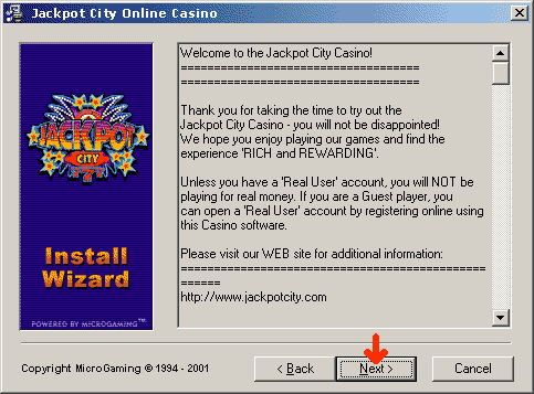 Jackpot City Online Casino. Casino Software Installation. Click Next to continue the installation process.