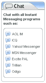 Juno. Chat. Chat with all main Instant Messaging programs such as AOL IM, ICQ, Yahoo! Messenger, MSN Messenger, Excite PAL, Trillian, Odigo.