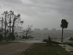 August 2005. Hurricane Katrina, Biloxi, Mississippi. Across the bay are collapsed casinos in Biloxi. Photographer: Gene Dailey, American Red Cross.